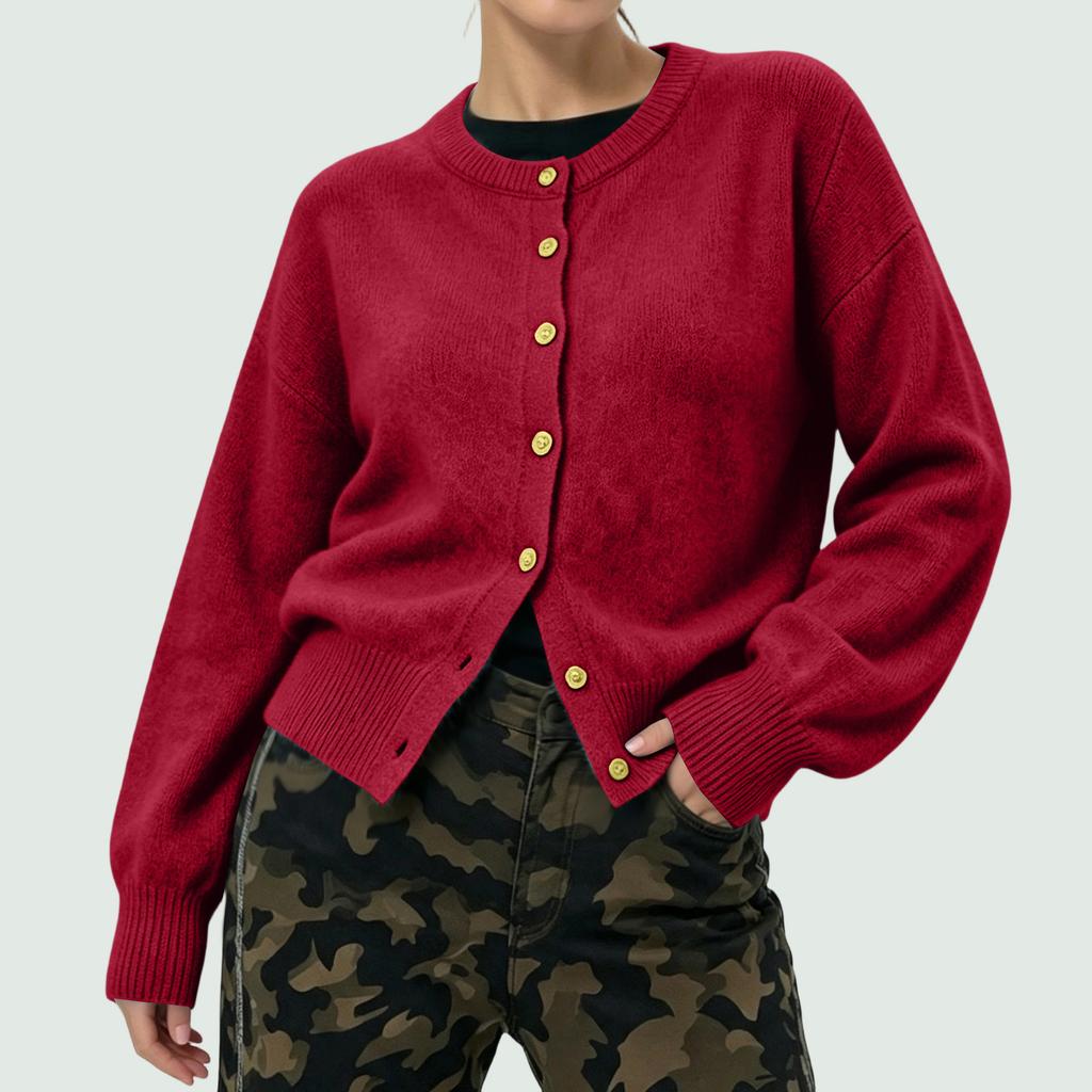 Women's Color Single Breasted Long Sleeve Round Neck Casual Knit Cardigan