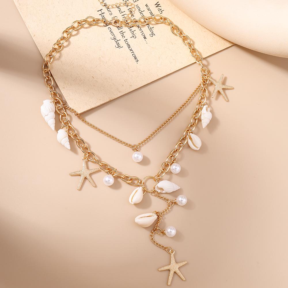 Bohemia Summer Beach Shell Conch Starfish Necklace for Women Girls Multilayer Choker Necklaces Chain Jewelry Gifts