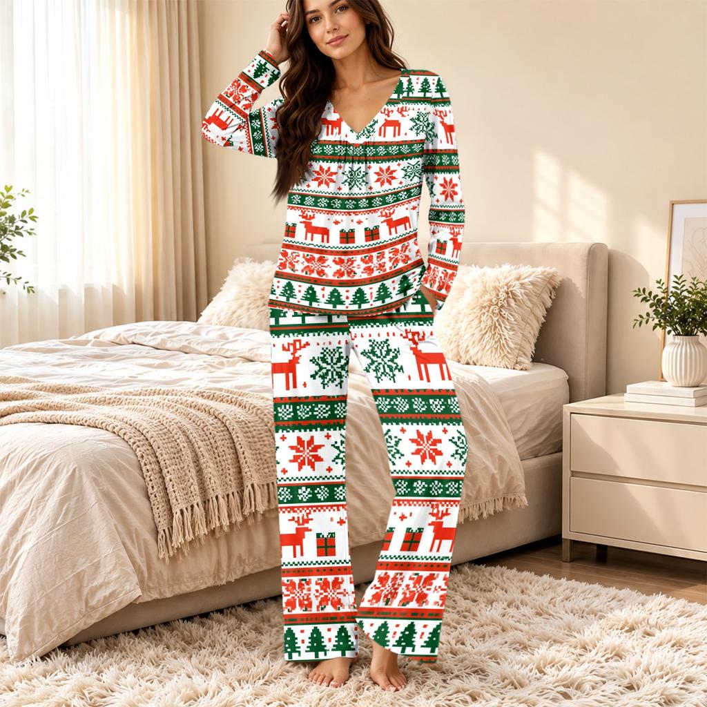 Women's Casual Fashion V-neck Loose Christmas Printed Pajamas Pajamas Set