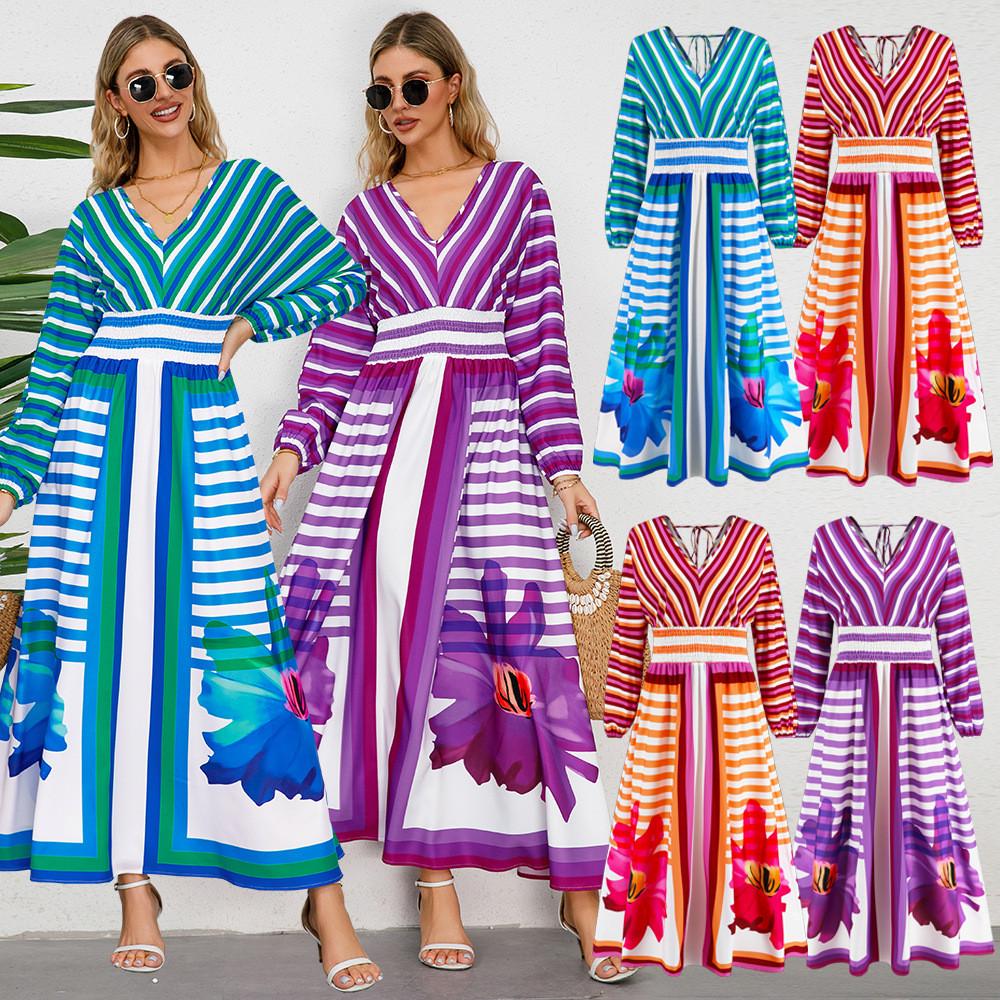 

Women Fashion Casual Elegant Flowers Print Stripe V Neck Long Sleeves Party Midi Long Dress