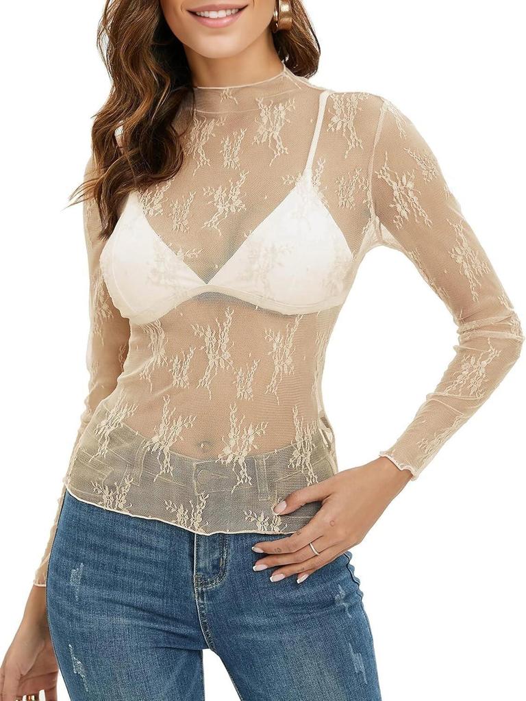 Neues Damen Halbhoher Kragen Durchsichtig Langarm T-Shirt und Sexy Tüll Top