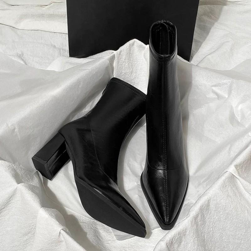 Fashion Autumn Winter Vintage Thick Heel Slim Ankle Boot Women Fashion Pointed Toe Stripper Party Modern Short Botas Para Mujer