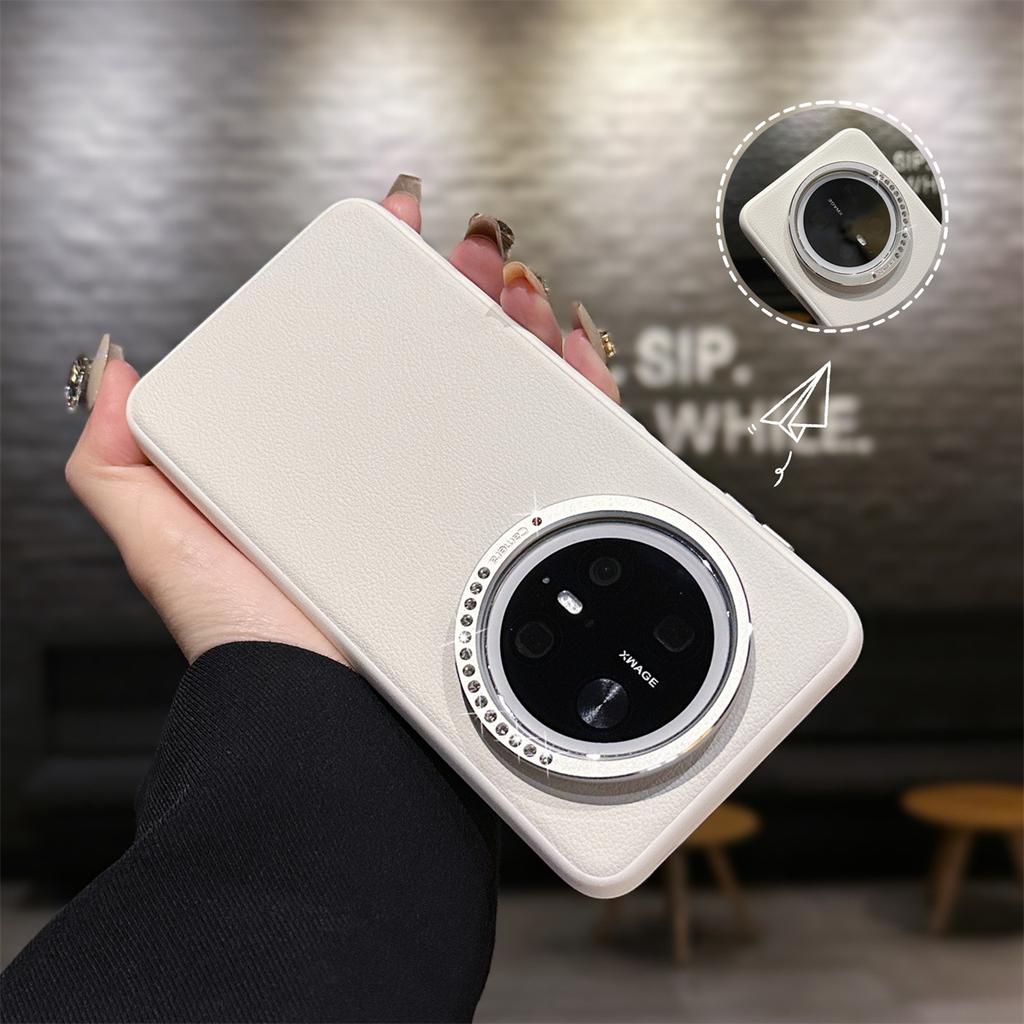 Suitable for Huawei Mate70 Plain Leather Phone Case, Metal Diamond Lens Ring, P70pro/mate60