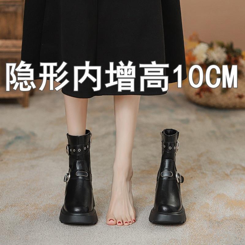 Inner height increase small Martin boots women's autumn and winter velvet retro western boots belt buckle medium tube locomotive short boots