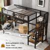 [32552890SAA] Iron Bed, Bunk Bed, Loft Bed, with Desk and Wardrobe, Side Ladder with Handrail, Iron+Chipboard, Black+Dark Wood Color, 90x200cm
