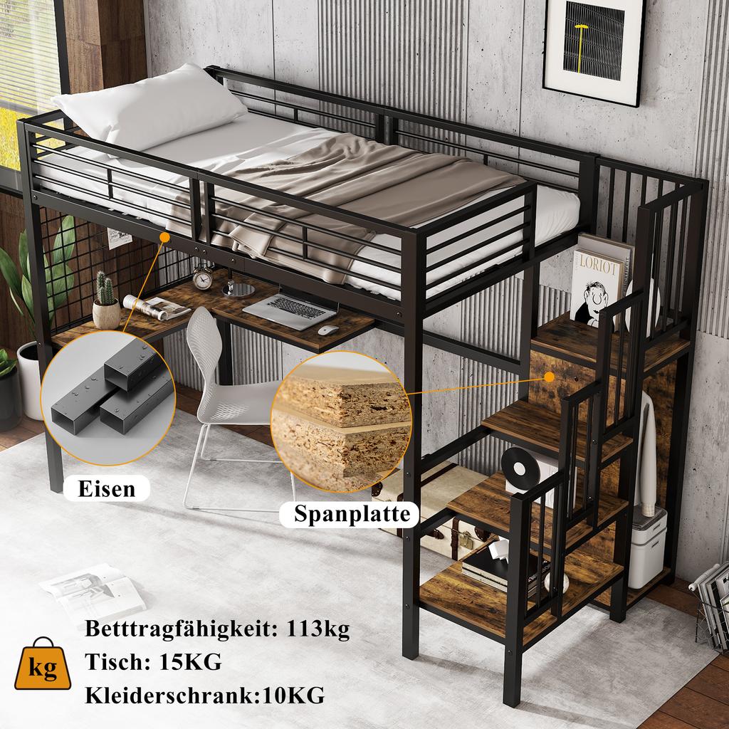 [32552890SAA] Iron Bed, Bunk Bed, Loft Bed, with Desk and Wardrobe, Side Ladder with Handrail, Iron+Chipboard, Black+Dark Wood Color, 90x200cm