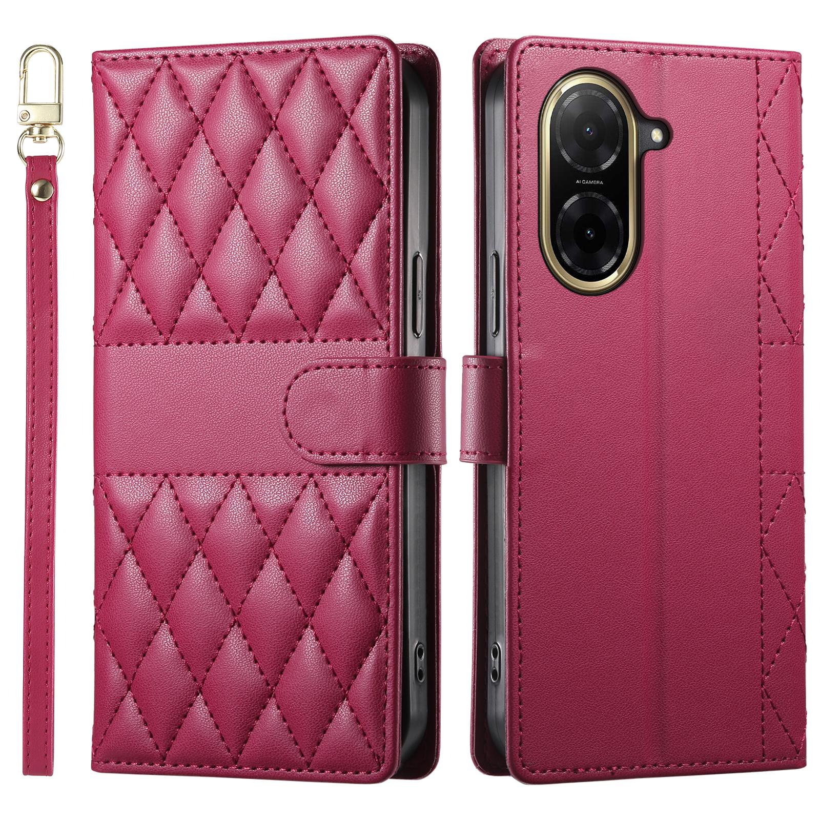 

For Xiaomi Redmi A5 4G (171.7mm)/Poco C71 4G Case Rhombus Stitching Wallet Stand Leather Phone Cover with Long/Short Strap Red