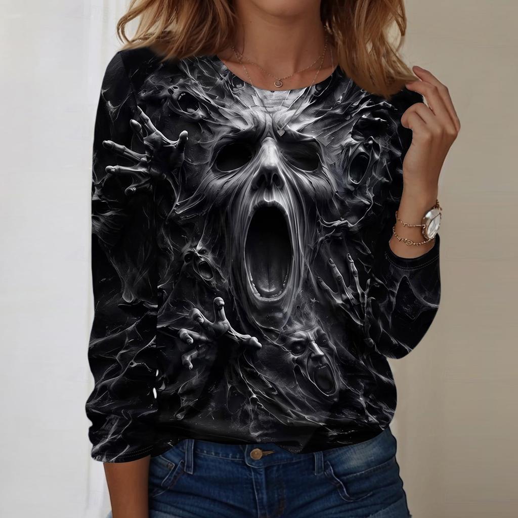 Women's Fashion Casual Long Sleeve Halloween Print Neck T-Shirt for Daily Wear