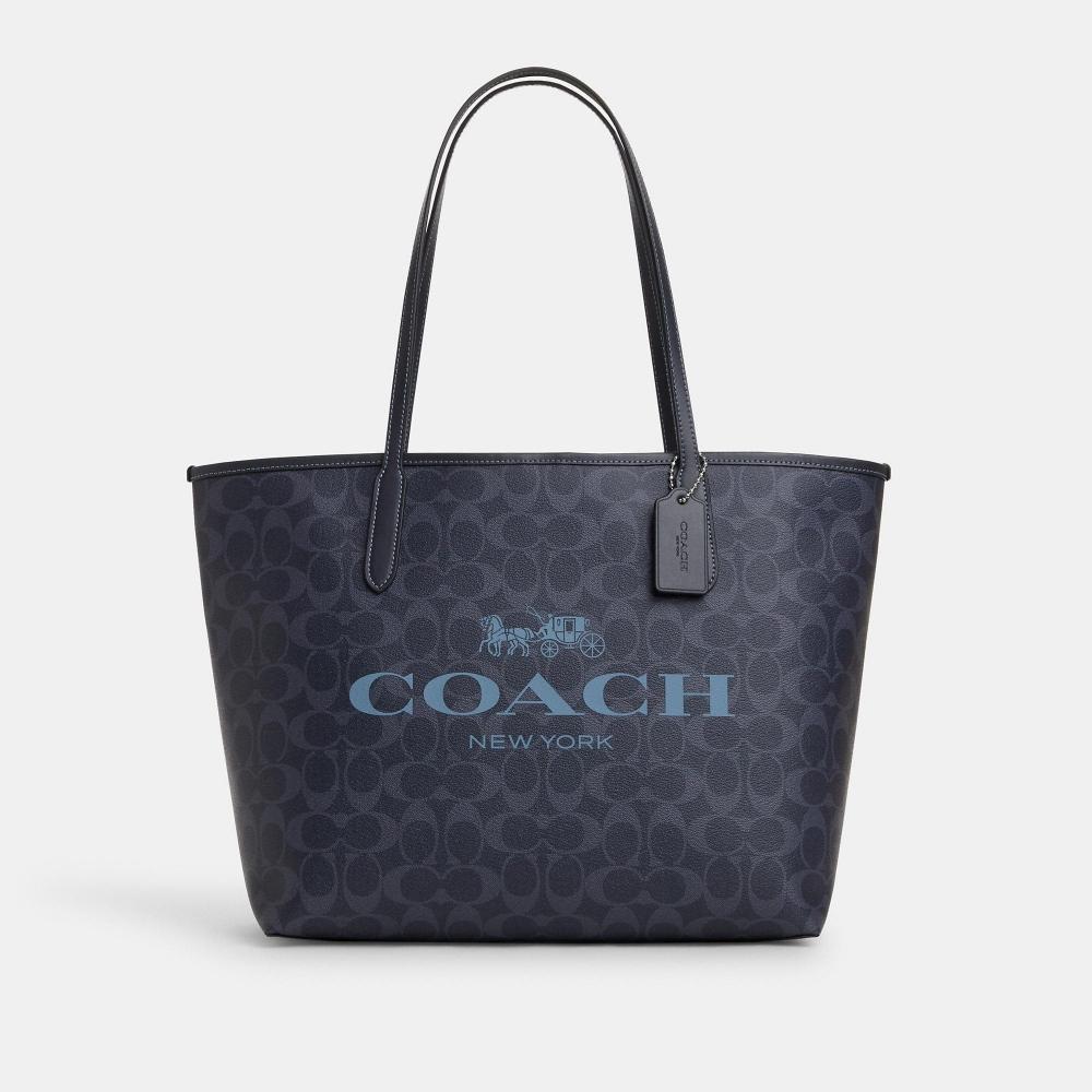 

Сумка-тоут Coach City из канвы Signature серебристого денима темно-синего цвета