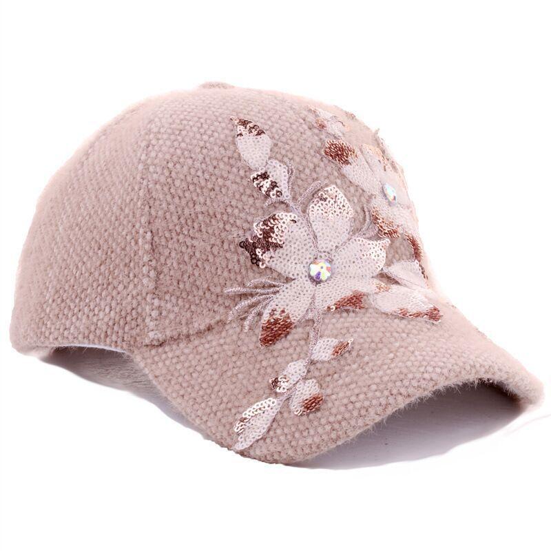 Women'S Winter Warm Fashion Duckbill Cap, Polyester Plush Baseball Hat, with Floral Rhinestone Embellishment, Non-Washable, Inelastic, Featherless