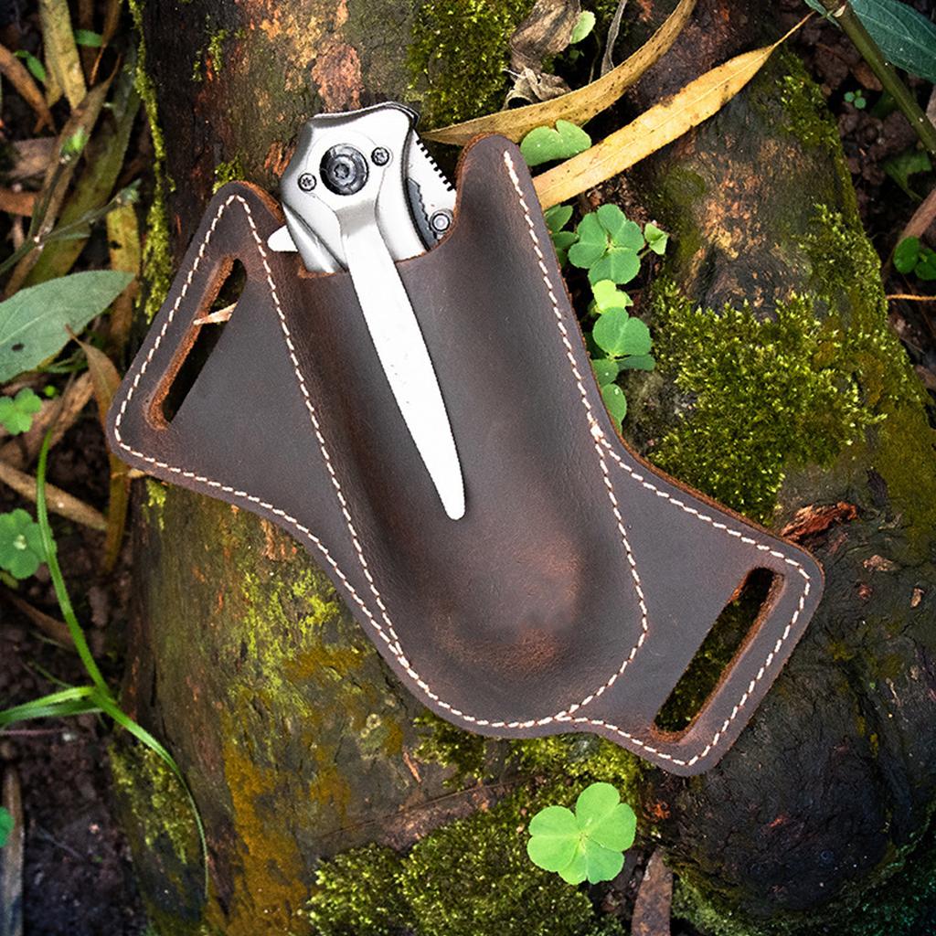 Folding Knife Sheath for Men Cowhide EDC Knife Belt Tool Carrier Pouch for Lighter Car Key Brown