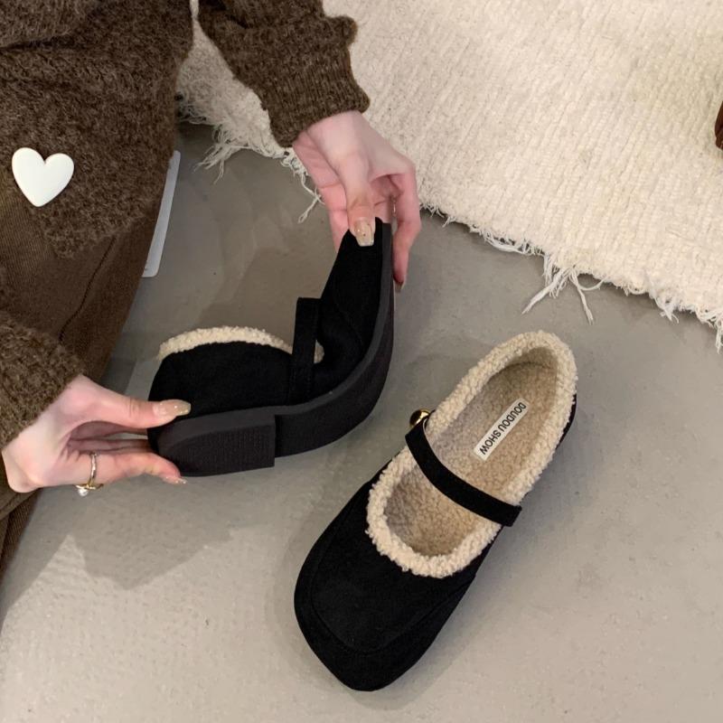 Women's Flat Shoes Winter New Square Head Shallow Mouth Suede Soft Sole Anti-slip Wear-resistant Low-top Shoes