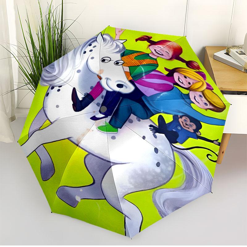 Pippi Longstocking Print Automatic Open Close Umbrella, Portable Foldable Umbrella, for Outdoor Commute Camping Trip, Ideal Birthday Gift