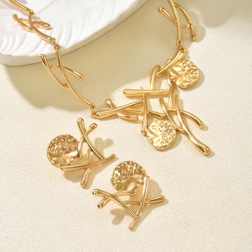 Trendy Gold Color Abstract Branch Necklace Earrings Set Women Chunky Hammered Statement Jewelry
