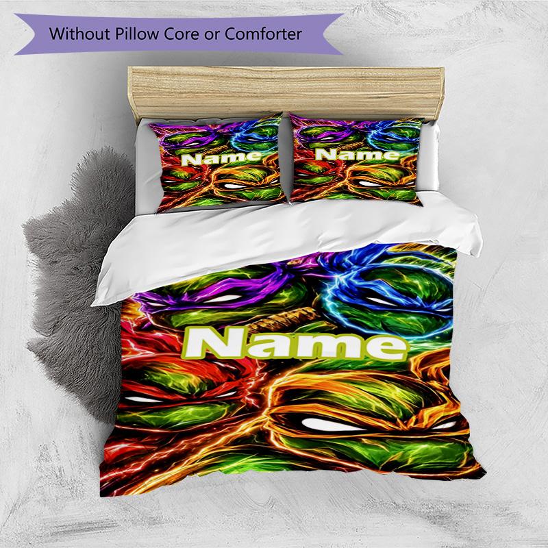 3pcs Duvet Cover Set (1*Duvet Cover + 2*Pillowcase, Without Core), Custom Name Teenage Mutant Ninja Turtles Pattern Bedding Set, Home Bedroom Decor Gi