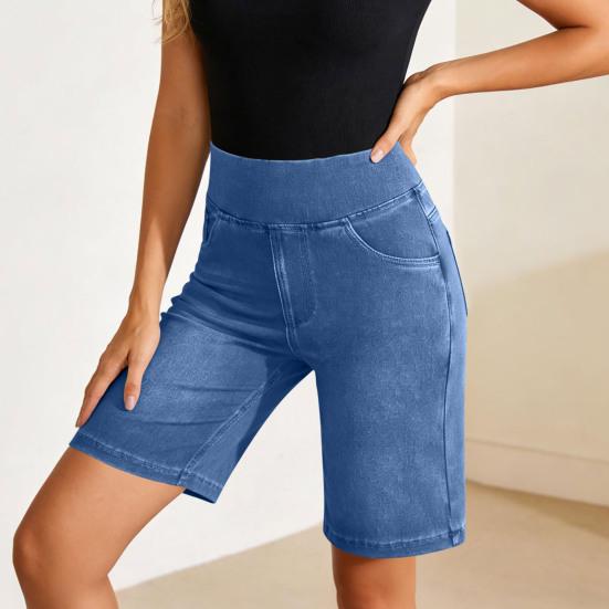 Stretchy Jean Shorts for Women High Waisted Tummy Control Pull On Denim Shorts Summer Casual Knee Length Jorts with Pockets