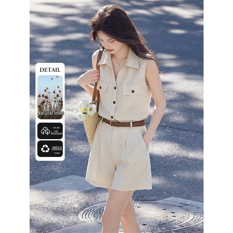 Women s Sleeveless Linen Blend Shirt & Shorts Set M