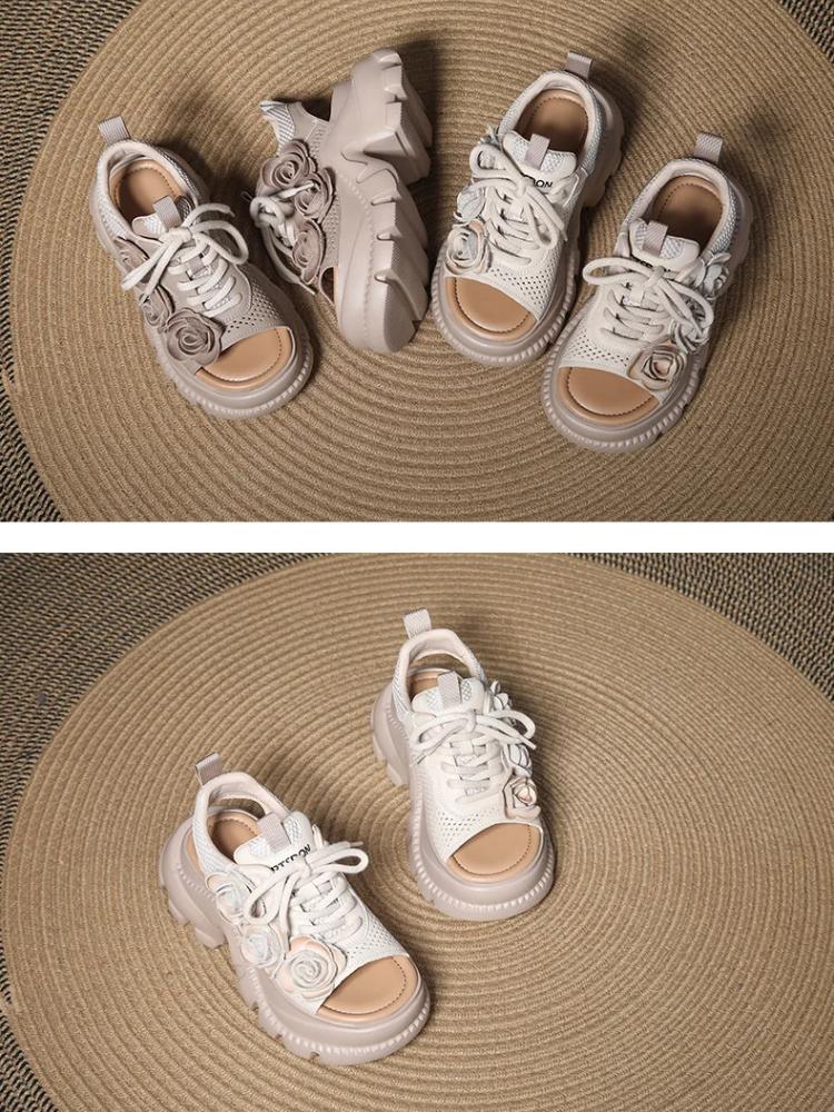 Johnature Thick Soled Wedges Shoes Hollow Out Breathable Peep Toe Sandals Genuine Leather Flower Women's Shoes