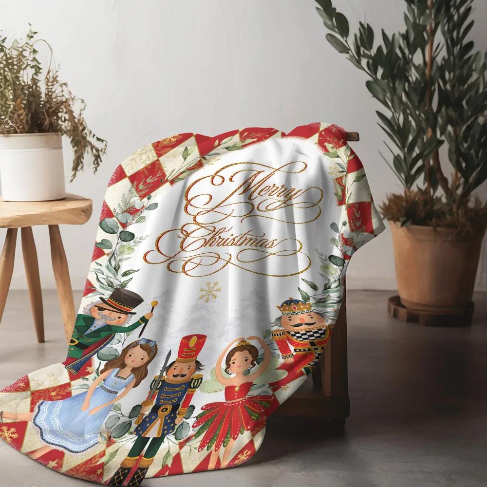 Nutcracker Ballet Christmas Fleece Blanket, Golden Merry Christmas Script with Character Collection, Classic Holiday Throw