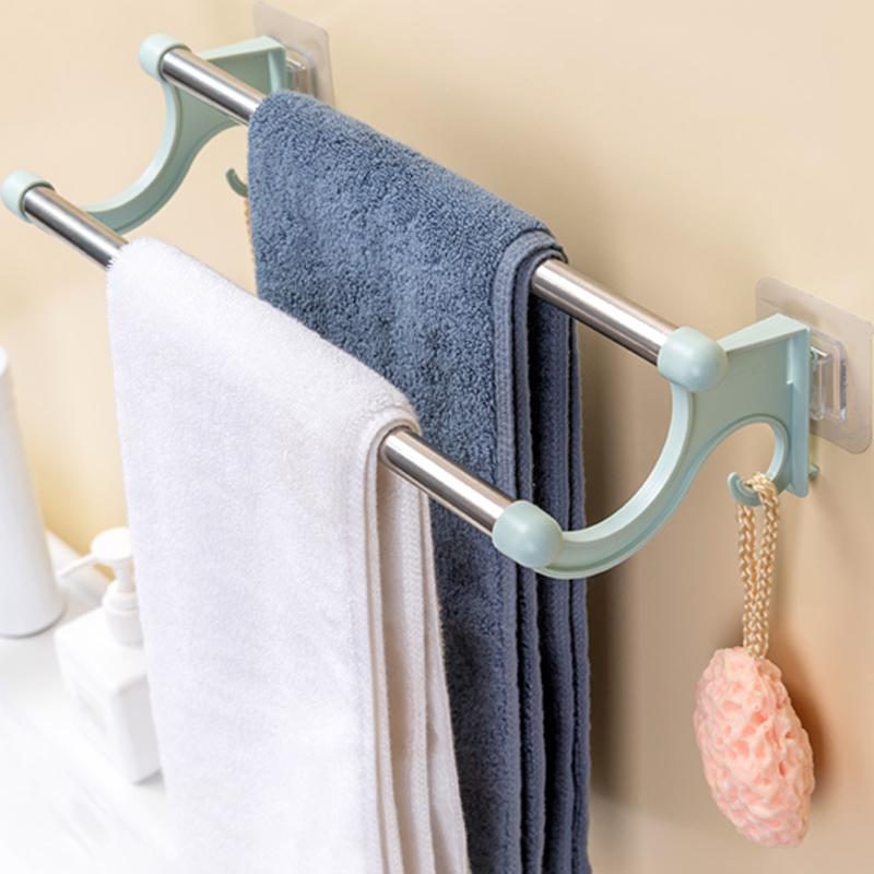 Stainless Steel Double Towel Holder No Need Perforated Rack Bathroom Kitchen Wall-Mounted Towel Rack Holder Bathroom Accessories