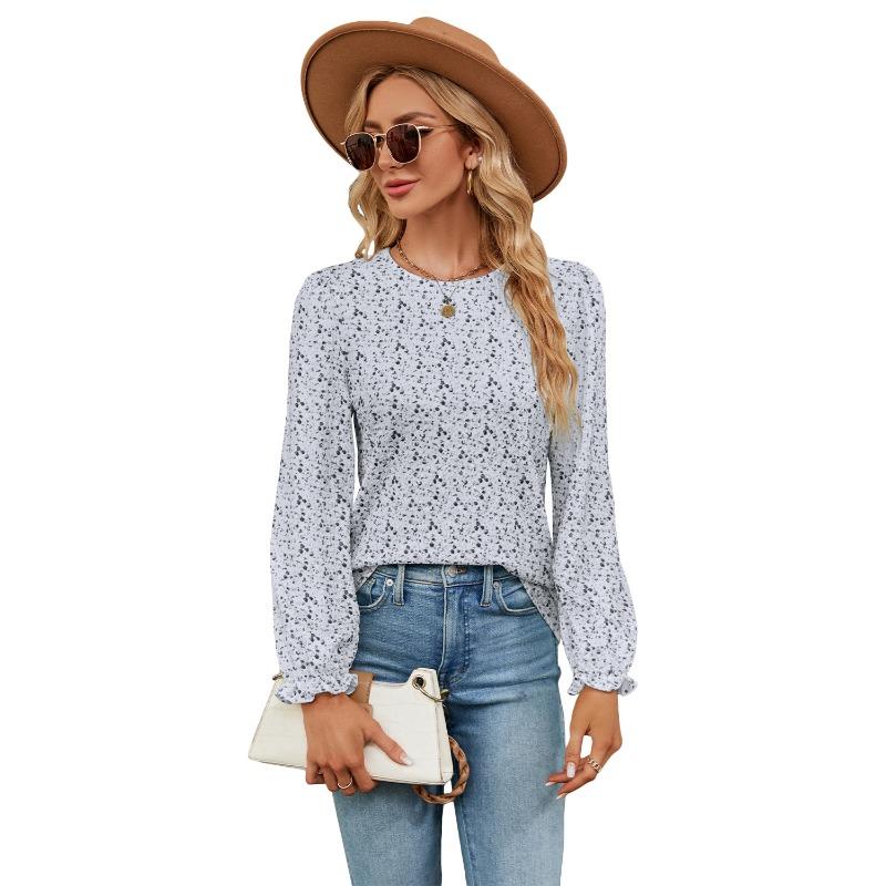 Autumn Winter Floral Top Women's Loose Versatile Round Neck Pullover T-shirt