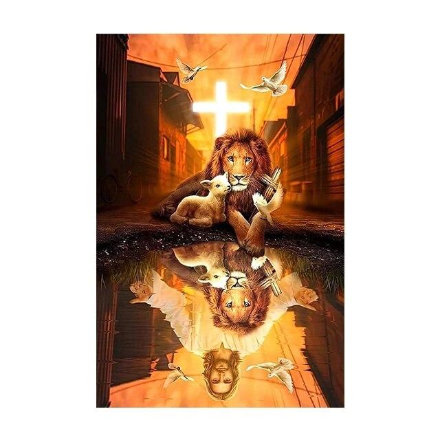 Jesus Lion Cross Christian Wall Art Canvas Painting Abstract Posters and Prints Vintage Home Decorative for Living Room Pictures No Frame