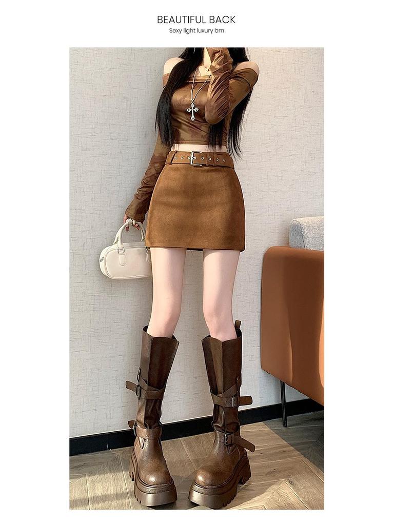 Women's Retro High-Waist Brown Suede A-line Mini Skirt - Spring/Autumn