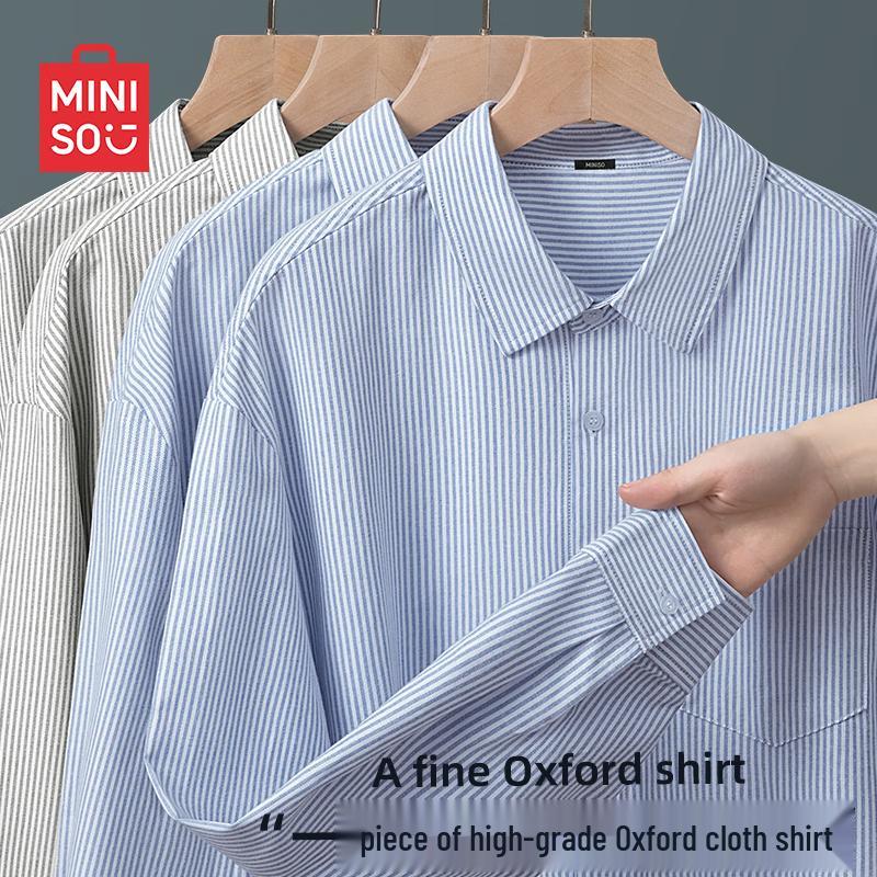 

MINISO Мужская свободная повседневная полосатая рубашка с кубинским воротником и длинным рукавом 3XL