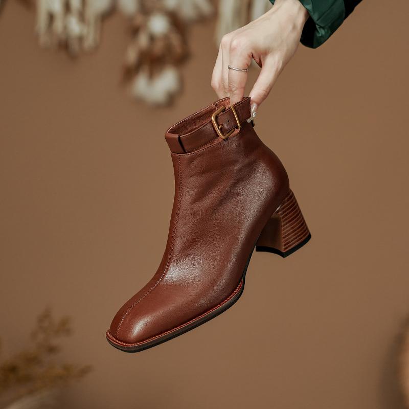 Fashion 2025 Autumn Boots Women Square Toe Women Boots Genuine Leather Shoes for Women Belt Buckle Zipper Boots Winter High Heel Boots