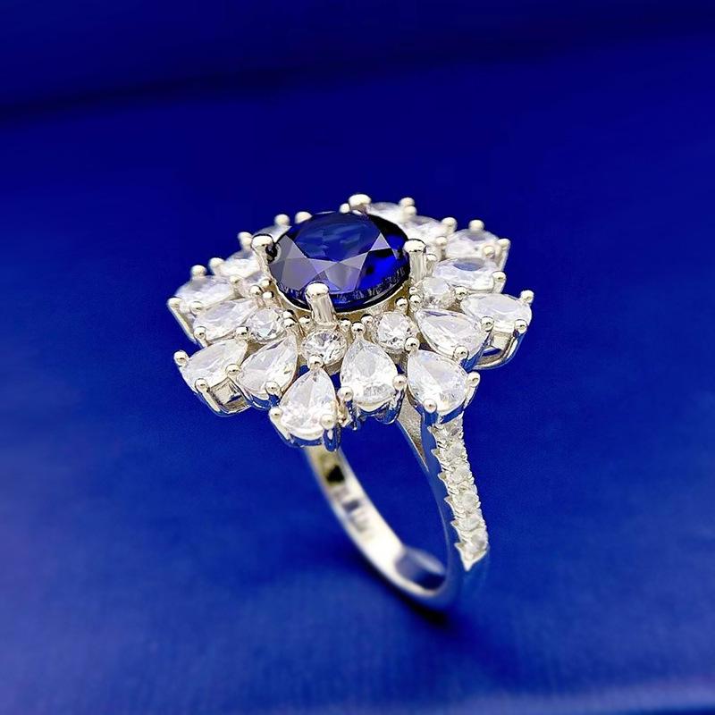 Luo Xi Temple Jewelry 925 Silver Blue Sapphire 8mm Women's Luxury Ring