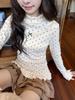 Women's Slim Fit High Neck Lace Bow T-Shirt - Heart Print, Long Sleeve, Autumn Trendy