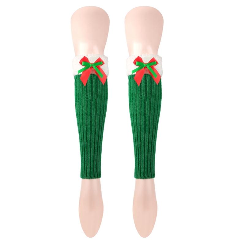 Ribbed Knitted Christmas Boot Cuffs for Women Sweet Bowknot Festival Plush Trim Leg Warmers Calf Socks for Cold Weather