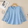 ZANZEA Women Casual Round Neck Loose Lace Splice 3/4 Sleeve Blouse