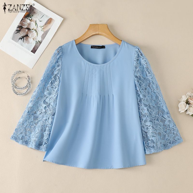 ZANZEA Women Casual Round Neck Loose Lace Splice 3/4 Sleeve Blouse