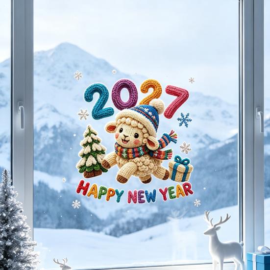 Reusable PVC Window Film Chinese New Year Stickers, 2027 Goat Static Clings, Seasonal Store Decorations Crochet Knit Lamb Decals, Decor for Home Shop