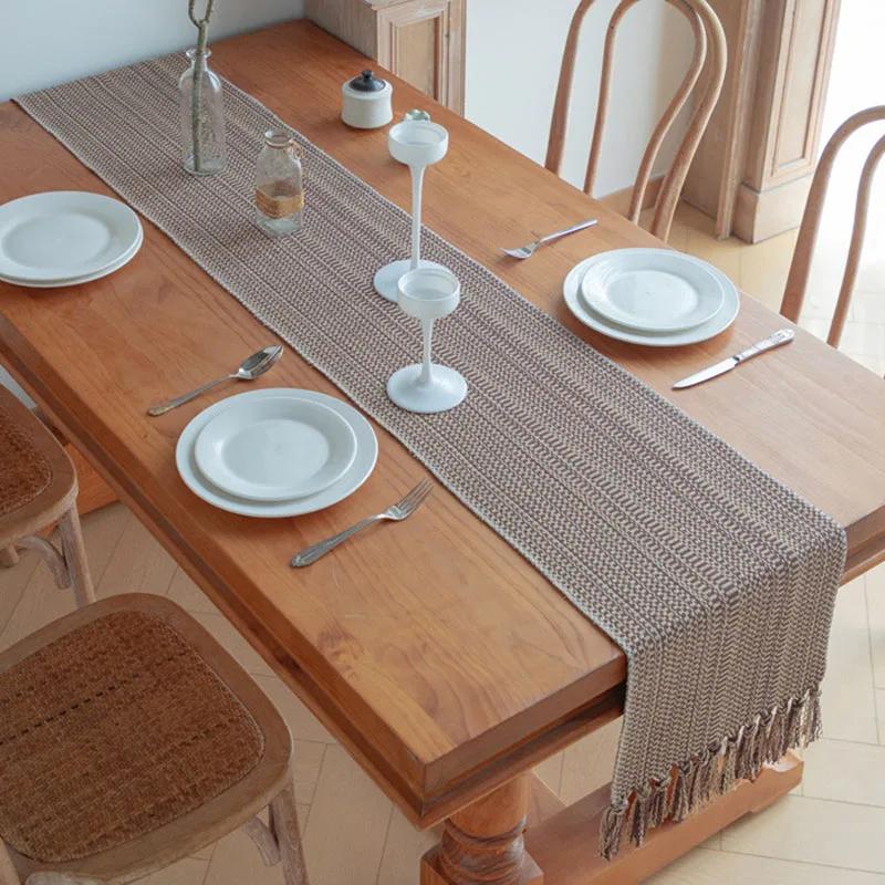 High Quality Striped Table Runner with Tassels Luxury Anti-Scratch Tea Table Mat for Office Home Soft Reusable Dining Decoration