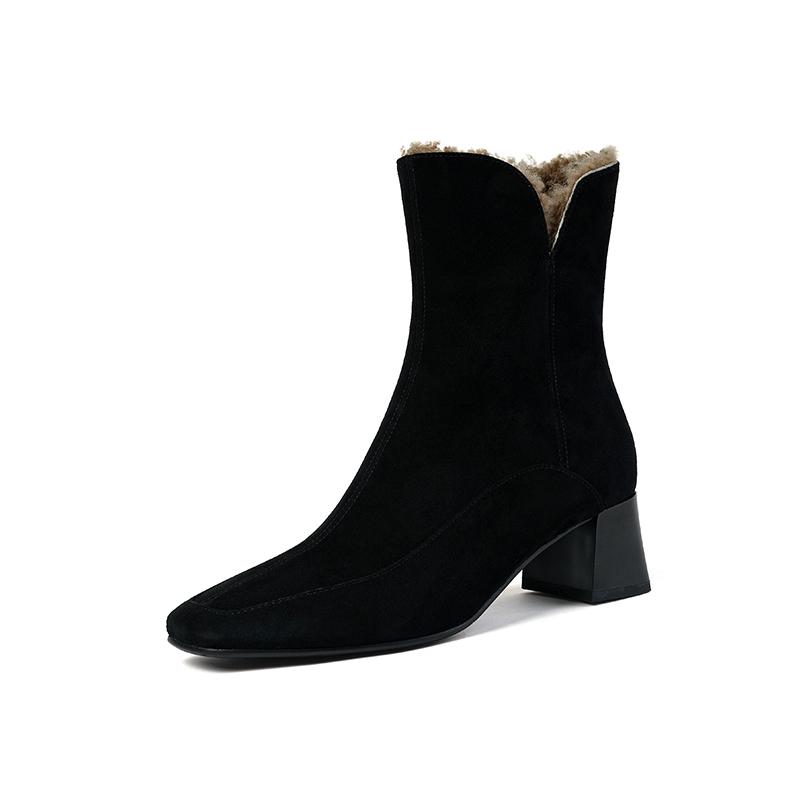 2024 New Winter Wool Warm Women Ankle Boots Genuine Leather Side Zipper Shoes Woman Square Toe Office Lady Working Short Boots