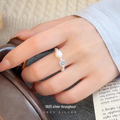 Banyan Tree S925 Silver Blue Glaze Flower Pearl Ring
