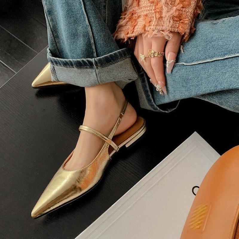 2025 New Summer Women's Dress Shoes Leather Slip on Pointed Toe Sandals Buckle Slingbacks Mid Heels Pumps Sandalias Mujer