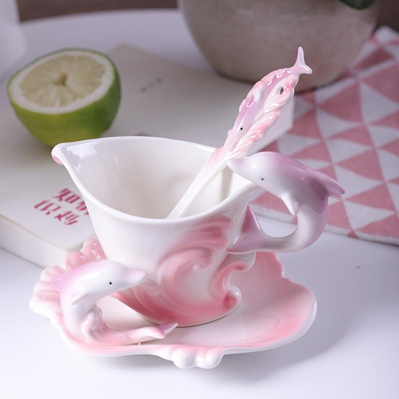 Keramische Mok met Schotel en Lepel, Porseleinen Koffiemok met Handvat, Dolfijn Zeegolf, Cappuccino Latte