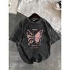 Washed Cotton Butterfly Print T-Shirt Retro Abstract Butterfly Graphic Teel Loose Short Sleeve for Streetwear Daily Wear