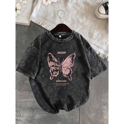 T-shirt en Coton Lavé Imprimé Papillon Graphique Papillon Abstrait Rétro Bleu Vert Coupe Ample Manches Courtes pour Streetwear Quotidien