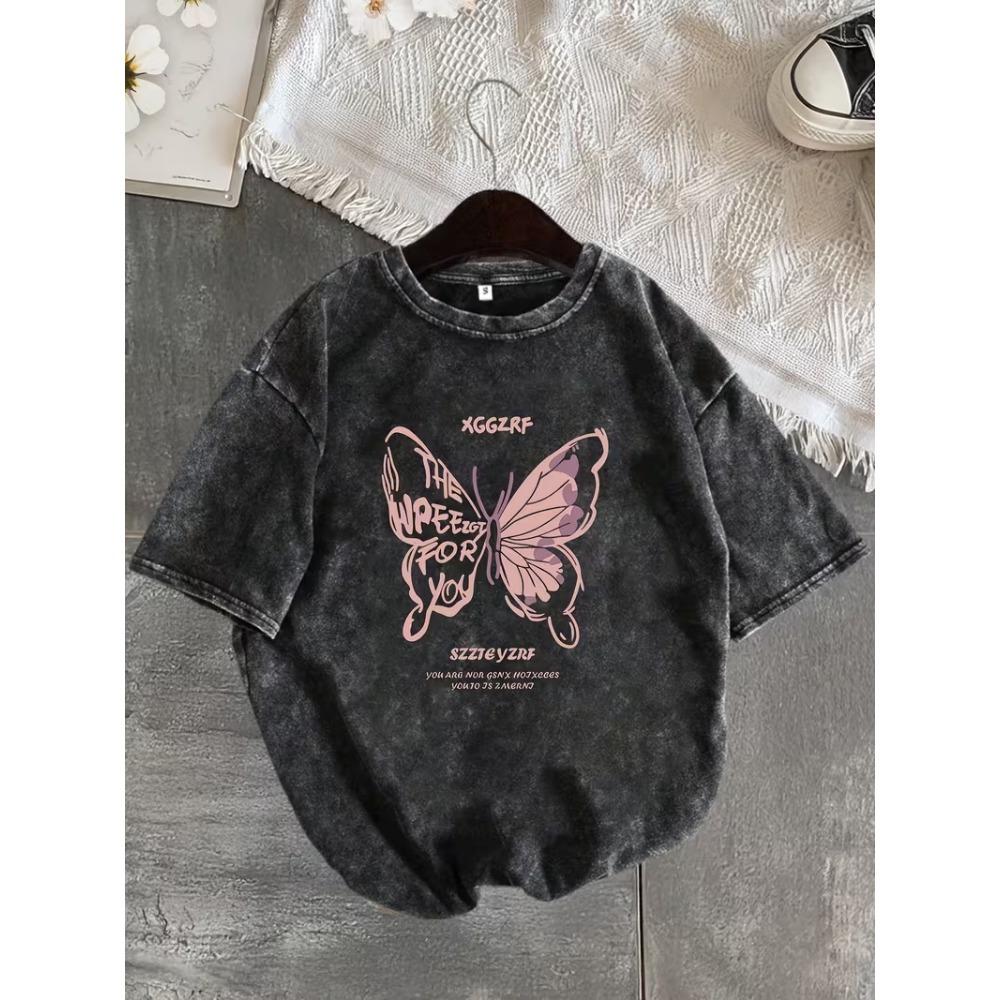 T-shirt in Cotone Lavato con Stampa di Farfalle Grafica Astratta Retro Blu Petrolio Vestibilità Larga Manica Corta per Streetwear Abbigliamento Quotidiano