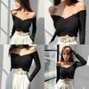 Long-sleeved Korean Version of Fungus Edge Tight-fitting Open-button Top for Women's Ins One-word Off-the-shoulder Collarbone Short Bottoming Shirt T