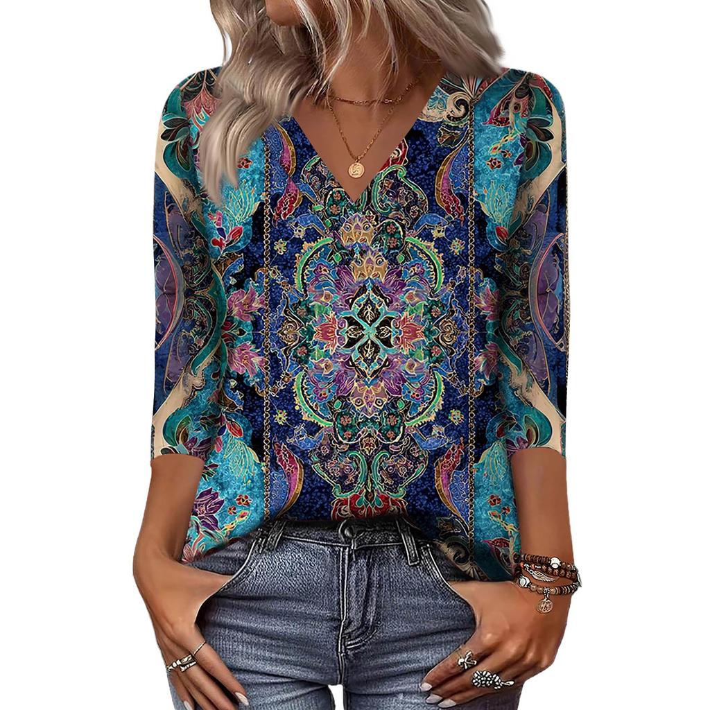 Women's 3/4 Sleeve Shirts V Neck Print Tops Casual Tops Basic Tees Blouse Loose Tops