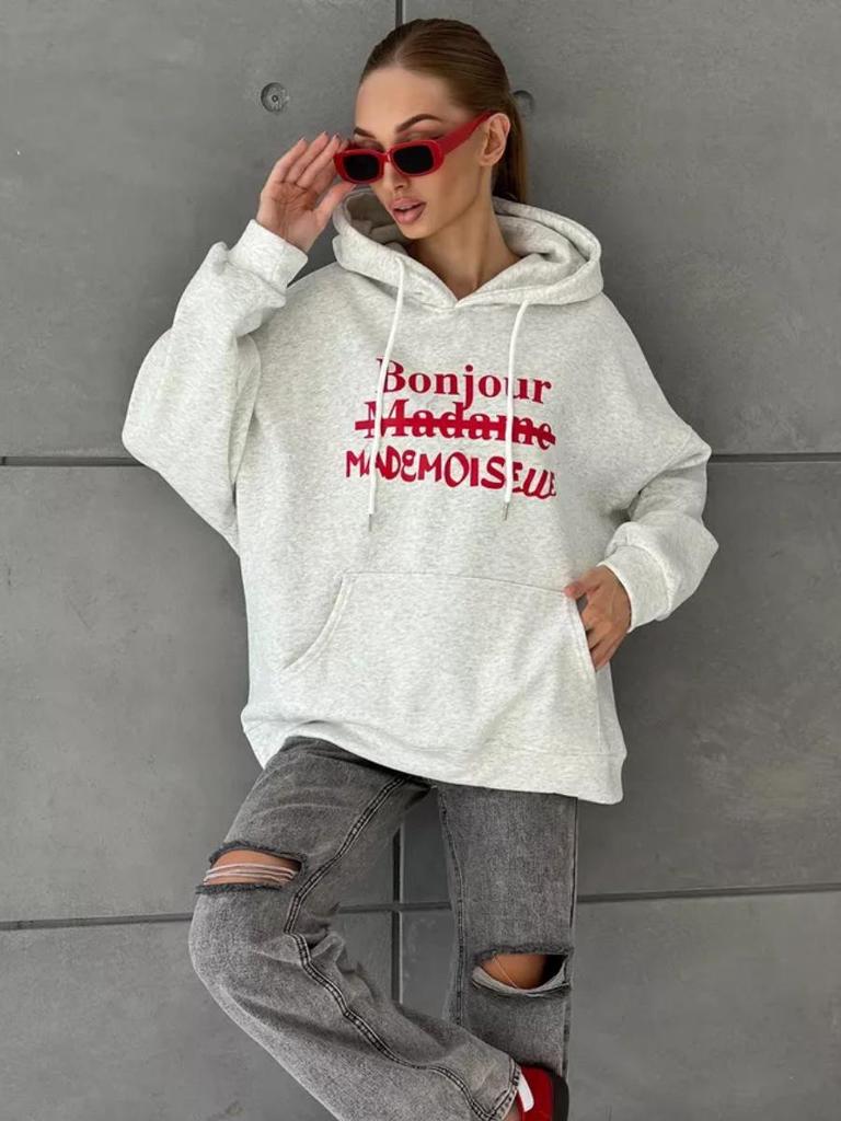 Trendy European American Style Hooded Sweatshirt - Letter Print, Loose Fit, Versatile Outerwear