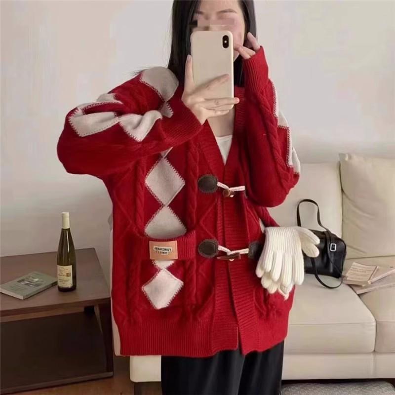 

Женский свитер осень-зима новая мода универсальный ромбовидный цветной узор пуговицы-рожки длинный рукав женский вязаный кардиган топ куртка 411-31 (average size) красный