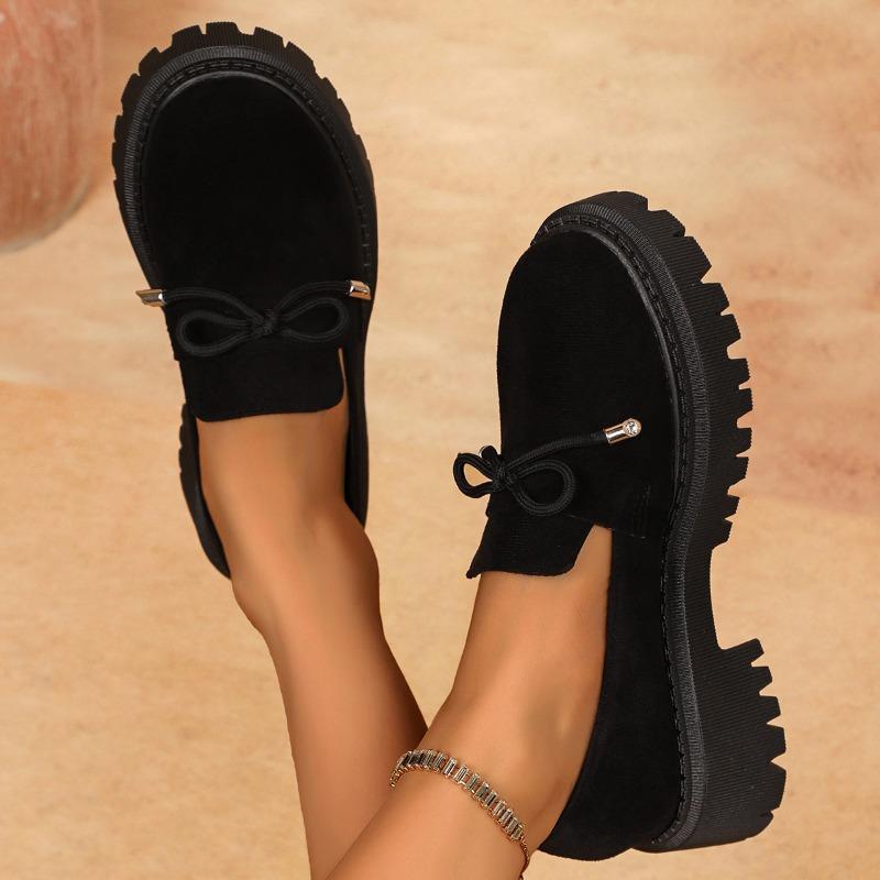 Women's Loafers Round Toe Platform Sole Square Heel Butterfly-knot Shoes  Fashion All-match Plus-size Spring Autumn Single Shoes