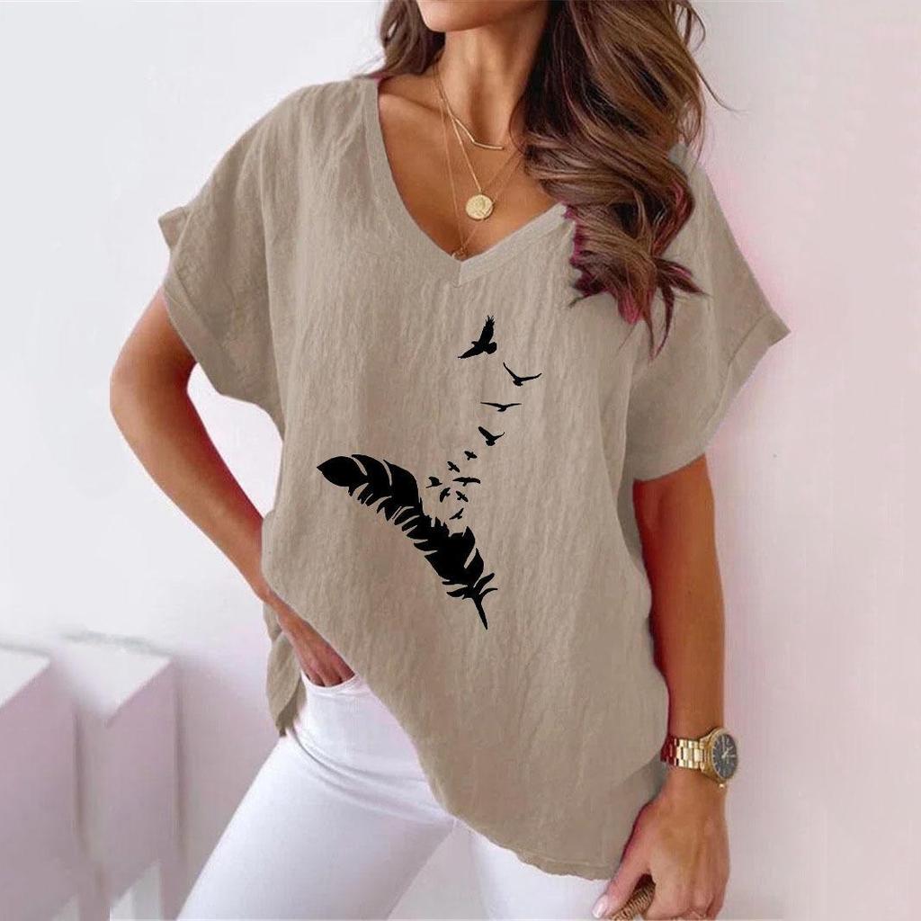 2023 Summer Women's V-neck Batwing Sleeve T-shirt with Feather Print