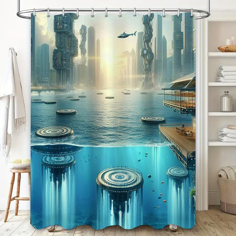 Futuristic Cityscape Shower Curtain Waterproof Decoration for Bathroom